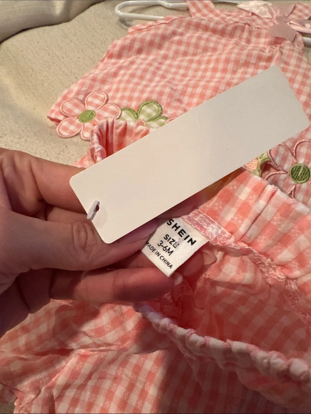 SHEIN Pink Gingham Floral Trim Kids Matching Set